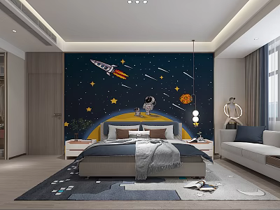 Starry Space Themed Kids Room With Rocket Astronaut Stars Bed Sofa And Toys 3d model