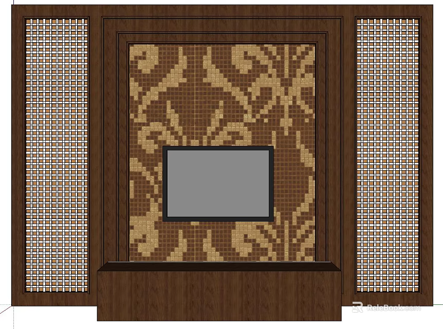 Elegant Brown TV Background Wall With Ornate Pattern And Lattice Side Panels 3d model