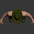 3D Male Character Model With Cowboy Hat Bare Chest Shiny Green Pants And Dark Background