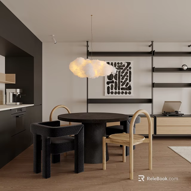 Modern Restaurant Interior With Round Black Dining Table Cloud Pendant Light And Open Shelves 3d model