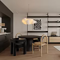Modern Restaurant Interior With Round Black Dining Table Cloud Pendant Light And Open Shelves 3d model