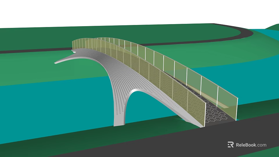 Modern Landscape Bridge With Arched Design Glass Railings Water Below And Green Park 3d model 