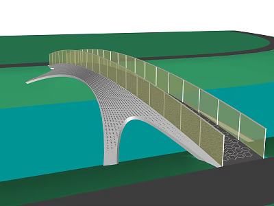 Modern Landscape Bridge With Arched Design Glass Railings Water Below And Green Park 3d model