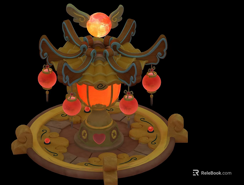 Ornamental Plant Structure With Red Lanterns Glowing Orb And Decorative Red Dots 3d model 
