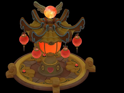 Ornamental Plant Structure With Red Lanterns Glowing Orb And Decorative Red Dots 3d model