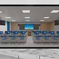 Modern Computer Classroom With Multiple Computers Blue Chairs And White Desks 3d model