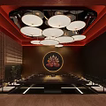 Japanese Restaurant Interior With Red Ceiling White Pendant Lights Round Lotus Painting And Lattice Walls