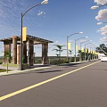 Road Infrastructure Featuring Street Lamps Yellow Banners Sidewalks Palm Trees And Green Grass