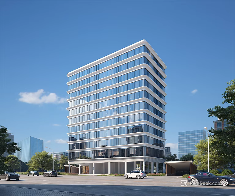 Modern High Rise Residential Building With Glass Windows Surrounded By Trees Cars And Blue Sky 3d model 