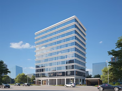 Modern High Rise Residential Building With Glass Windows Surrounded By Trees Cars And Blue Sky 3d model