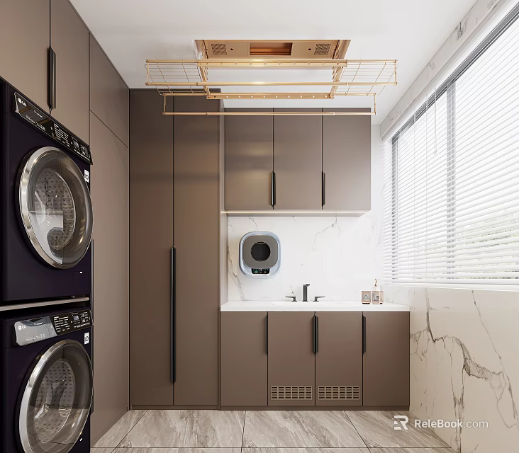 Modern Home Balcony Design With Gold Clothes Rack Washing Machine Dryer Cabinets And Marble Countertop 3d model 
