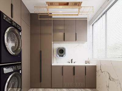 Modern Home Balcony Design With Gold Clothes Rack Washing Machine Dryer Cabinets And Marble Countertop 3d model