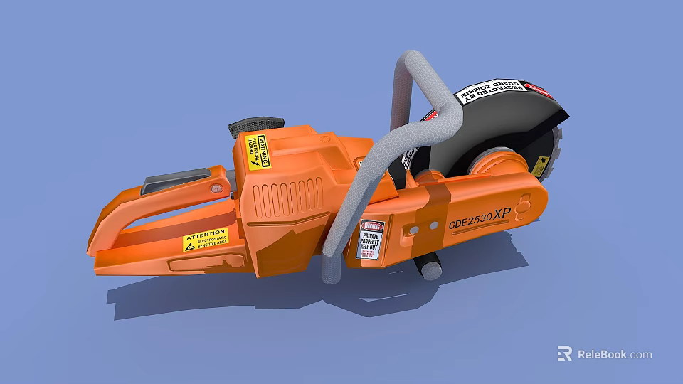 Industrial Demolition Saw With Orange Body Gray Handle And Warning Labels 3d model 