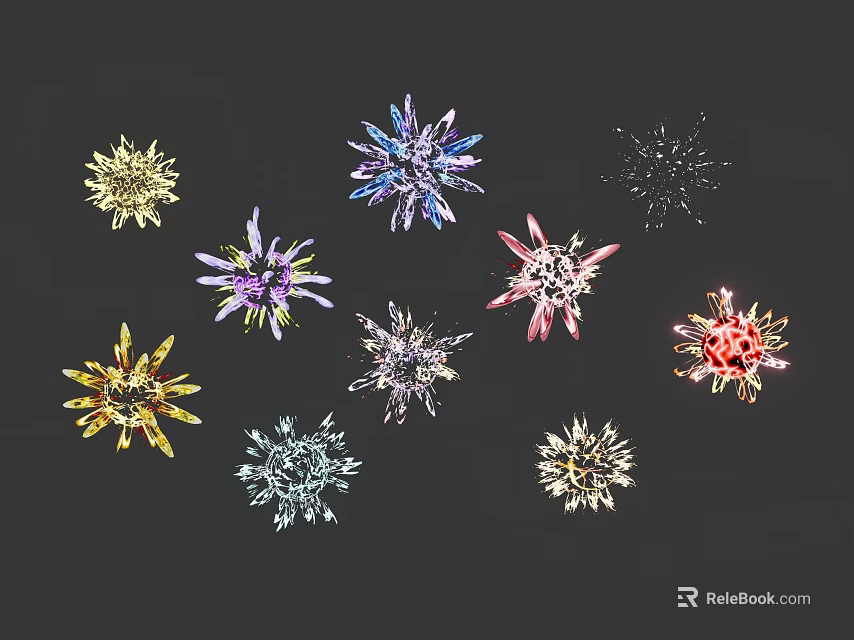 Colorful Decorative Snowflakes With Various Shapes And Vibrant Hues Against Black Background 3d model 