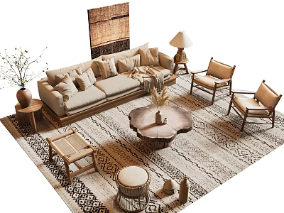 Cozy Natural Sofa And Coffee Table Set With Accent Chairs Side Lamp And Patterned Rug 3d model