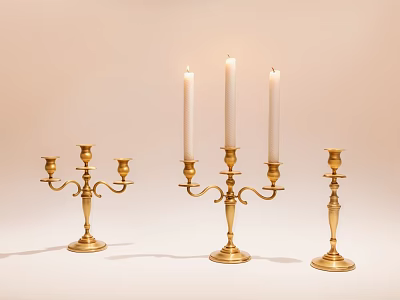 Brass Candle Holders With Three Two And Single Arms Holding White Candles 3d model