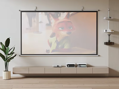Modern Home Living Room Projection Monitoring Setup With Screen Devices Plant And TV Cabinet 3d model