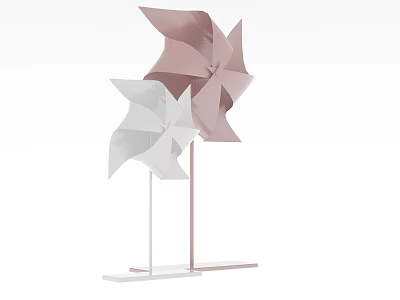 Modern Decorative Ornament Set with Pink and White Windmill Shapes on Metal Stands 3d model