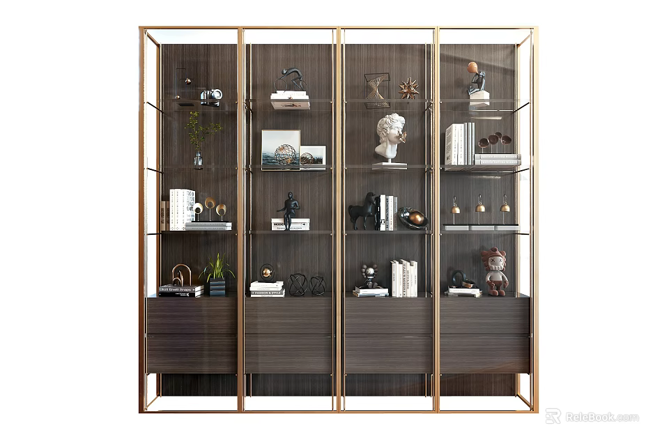 Elegant Modern Decorative Cabinet With Gold Frame Glass Doors And Decorative Items 3d model 