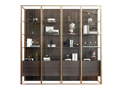 Elegant Modern Decorative Cabinet With Gold Frame Glass Doors And Decorative Items 3d model