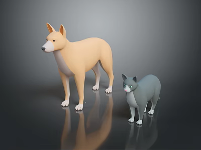 Game Movie Character 3D Light Brown Dog and Gray Cat Standing on Reflective Dark Background 3d model