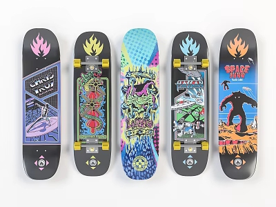 Various Vibrant Skateboards With Flame Designs Colorful Artwork And Monster Illustrations 3d model