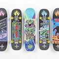 Various Vibrant Skateboards With Flame Designs Colorful Artwork And Monster Illustrations