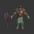 Intricate Medieval Armor Sculpture With Red Accents Axe And Detailed Design