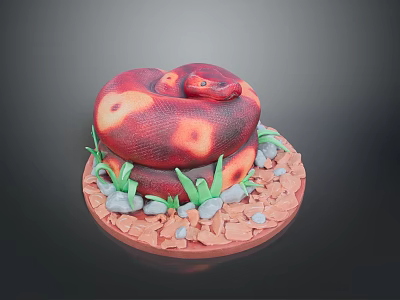 Red and Orange Spotted Snake Coiled on Round Base with Green Grass and Pebbles 3d model
