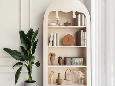 Modern White Arched Shelf With Books Decorative Items Clock And Large Green Plant In Home 3d model