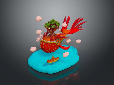 Vibrant Red Flying Bird With Long Feathers Among Clouds And Green Tree On Blue Platform 3d model