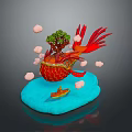 Vibrant Red Flying Bird With Long Feathers Among Clouds And Green Tree On Blue Platform