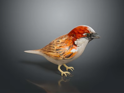 Reddish Brown Head Sparrow Flying Animal With Brown And White Feathers Standing On Dark Background 3d model
