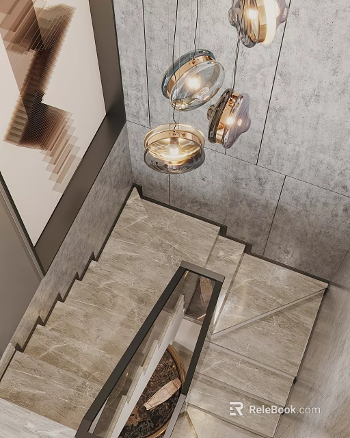 Modern Marble Staircase With Black Metal Railing Gray Stone Wall And Contemporary Pendant Lights 3d model 
