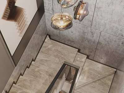 Modern Marble Staircase With Black Metal Railing Gray Stone Wall And Contemporary Pendant Lights 3d model