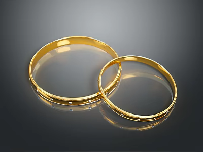 Elegant Shiny Golden Bracelets With Small Decorations On Dark Reflective Background 3d model