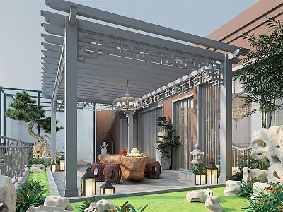 New Chinese Style Balcony Villa Terrace Sun Room Tea Room Tea Sea Welcome Pine Landscape Stone Terrace Landscape Grass model