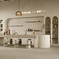 Elegant Modern Café Interior Design With Arched Shelves Long Counter Stools Pendant Light And Plant
