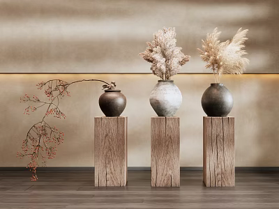 Elegant Ceramic Vases On Rustic Wooden Pedestals With Dried Flowers Against Neutral Beige Wall 3d model