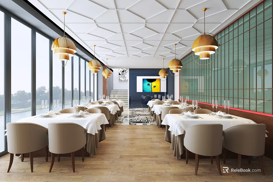 Modern Restaurant Dining Area With Pendant Lights Wooden Flooring And Wall Art Decor 3d model 