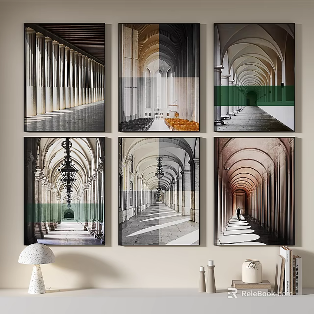 Classical Arcade Colonnade Landscape Paintings With Light Shadow Effects And Architectural Wall Decor 3d model