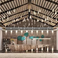 Hotel Lobby Interior Featuring Wooden Ceiling Pendant Lights Green Decorations And Reception Desk