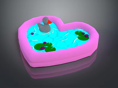 Heart Shaped Pink Inflatable Pool With Gray Rubber Duck Green Lily Pads And Blue Water 3d model