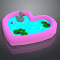 Heart Shaped Pink Inflatable Pool With Gray Rubber Duck Green Lily Pads And Blue Water