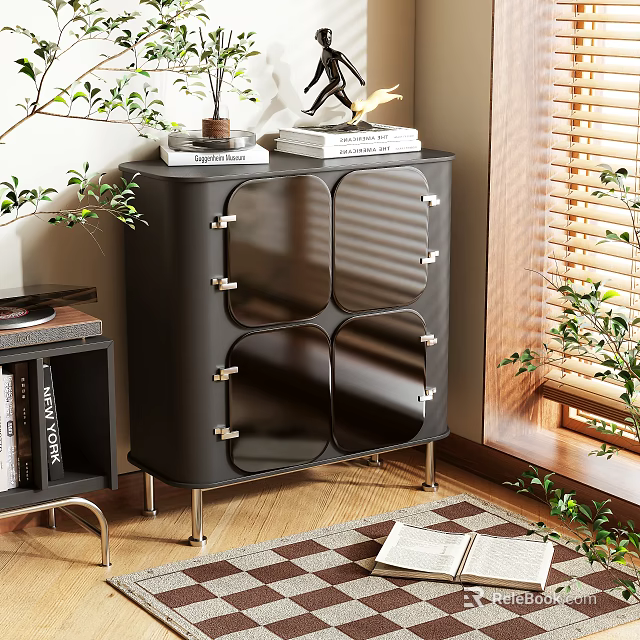 Modern Black Shoe Cabinet With Glass Doors Metal Legs And Green Plants Near Blinds 3d model 
