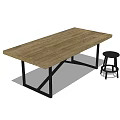 Dining Table Set With Wooden Tabletop And Black Cross Metal Legs And Stool