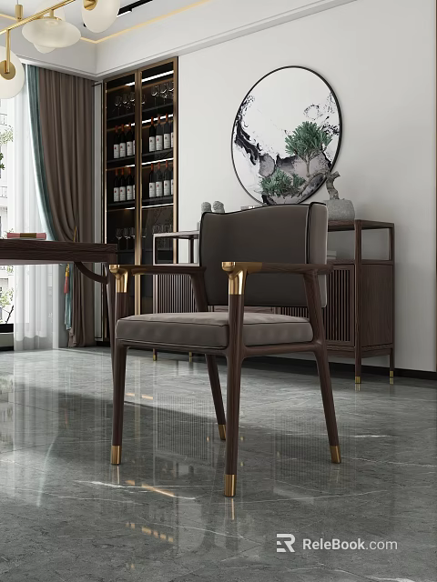 Elegant Modern Leisure Chair With Wooden Frame Gold Armrests Gray Cushion And Decorative Cabinet 3d model 