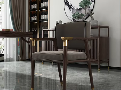 Elegant Modern Leisure Chair With Wooden Frame Gold Armrests Gray Cushion And Decorative Cabinet 3d model