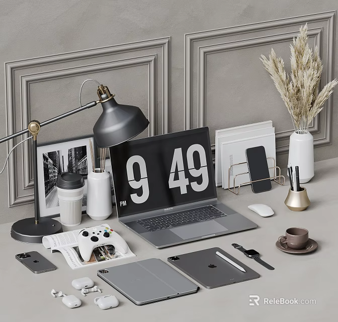 Modern Workspace With Sleek Laptop Digital Clock Desk Lamp Smartphone Tablet And Coffee Cup 3d model 