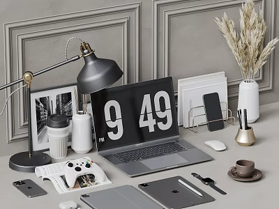 Modern Workspace With Sleek Laptop Digital Clock Desk Lamp Smartphone Tablet And Coffee Cup 3d model